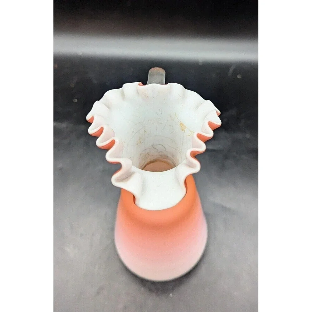 Victorian Peach Satin Glass Ewer / Pitcher Crimped Top & Applied Thorn Handle 8.